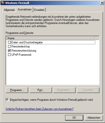 Einstellung der Ausnahmen an der Windows Firewall