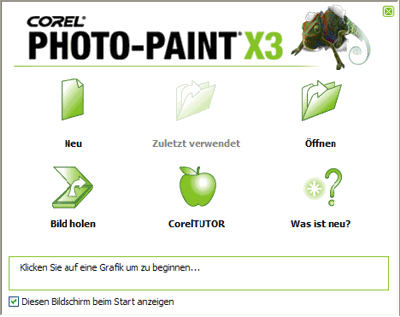 Der Begrüßungsbildschirm von Corel PHOTO-PAINT