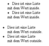 Listen mit dem Wert inside und outside