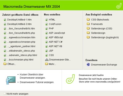 Das Startfenster von Dreamweaver