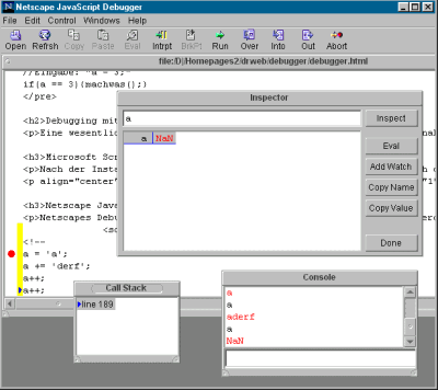 Netscape JavaScript Debugger im Einsatz