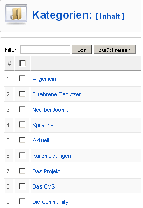 Übersicht der Kategorien