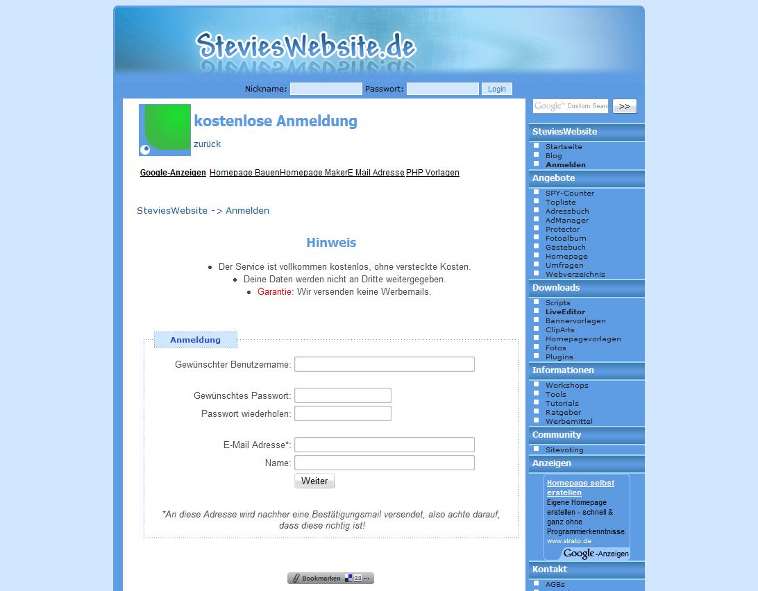 SteviesWebsite Anmeldung