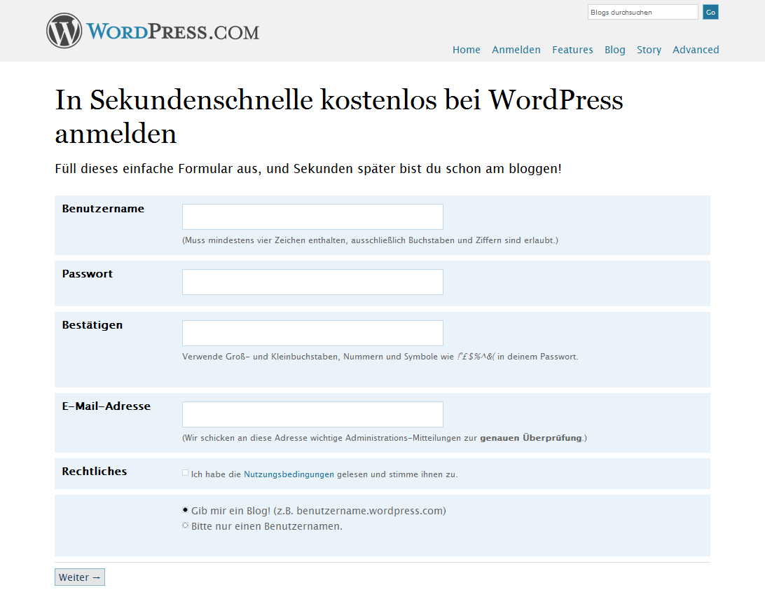 Wordpress Anmeldung