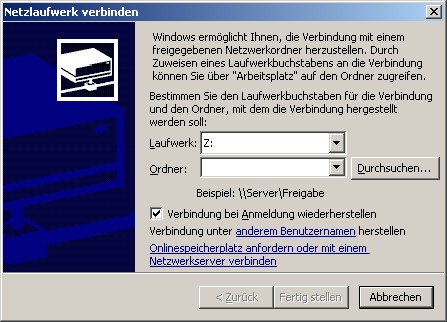 Grafische Oberfläche bei Einrichtung eines Netzlaufwerkes