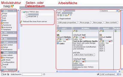 Die Benutzeroberfläche von Typo3